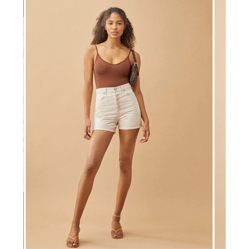 Reformation Amy Button Fly High Rise Jean Shorts Bone Beige Cotton Size 27